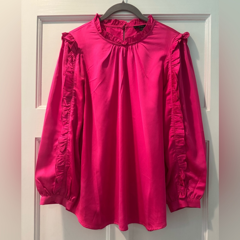 J.Crew Satin Crepe Ruffle Long Sleeve Blouse - Hot Pink